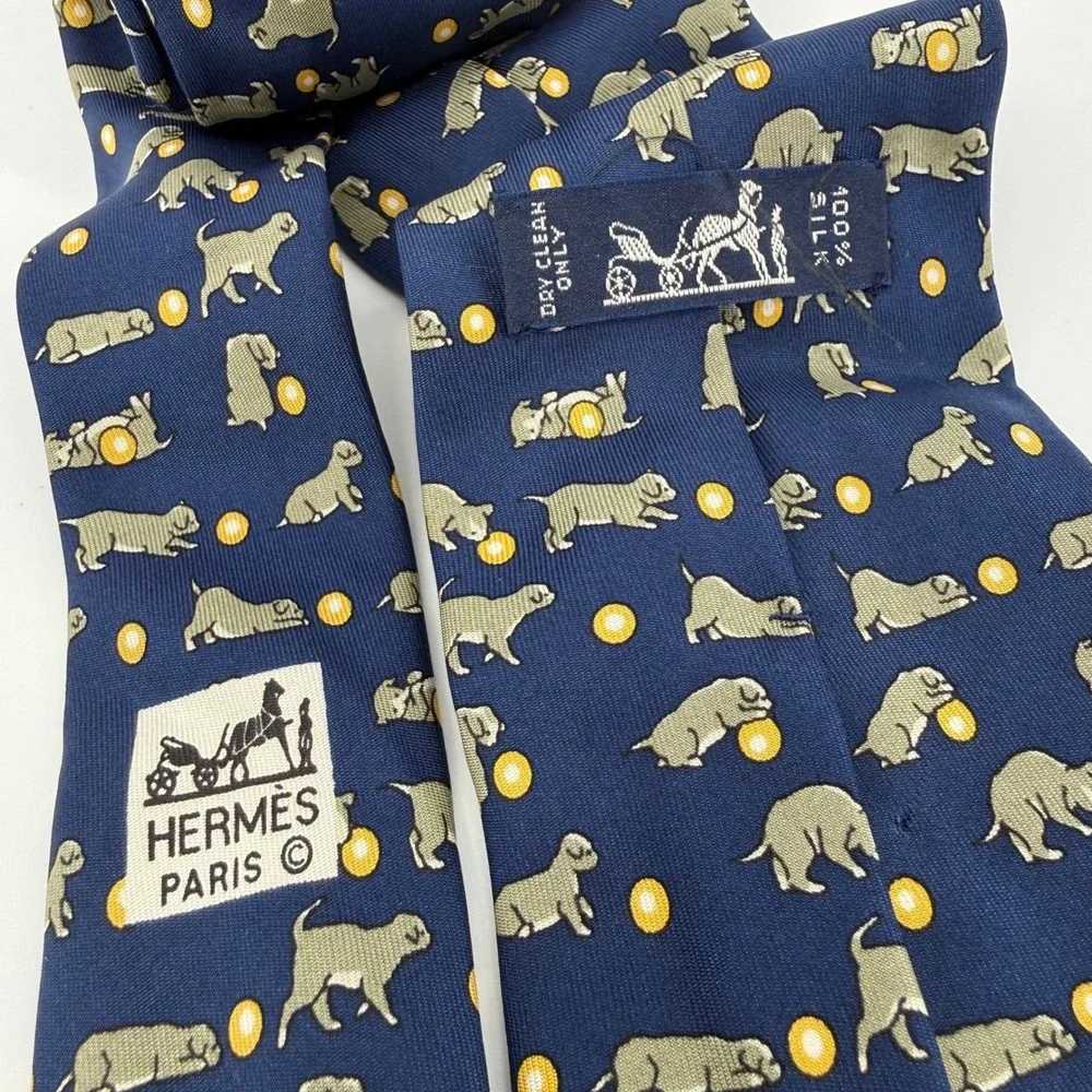 Hermes Paris Mens Silk Tie Navy Blue Puppy Dog Ball Novelty Print Made in France